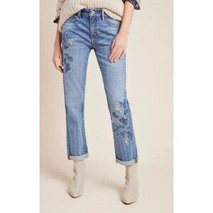 Pilcro High-Rise Embroidered Slim Boyfriend Jeans Size 27 Blue Floral Boho